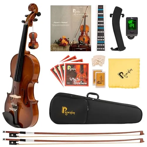 Poseidon Violin 4/4 Full Set with Solid Ebony Fittings and Solidwood Spruce, Violin for Beginners w/Case, Extra Bows, Strings, Shoulder Rest, Rosins, Varnish Wooden Stringed Musical Instruments