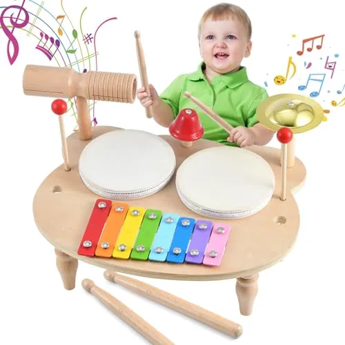 Ehome Kids Baby Drum Set, 10 in 1 Baby Musical Instruments Toys Toddlers Montessori Wooden Xylophone Preschool Music Kit Percussion Tambourine Toys Birthday for Boys and Girls