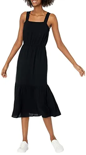 Amazon Essentials Women's Fluid Twill Tiered Fit and Flare Dress, Black, X-Small