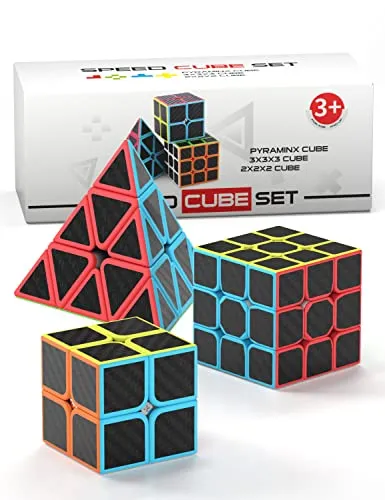 Speed Cube Set, Carbon Fiber Sticker Puzzle Cube Bundle Magic Cube Set of 2x2x2 3x3x3 Pyramid Speed Cube, Birthday Party for Kids Teens Adults