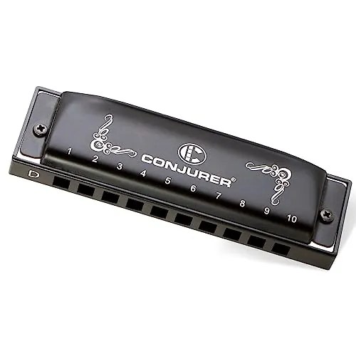 CONJURER Blues Harmonica for Beginners Adult Professional 10 Hole Diatonic Harmonica in D Key Phosphor Bronze Reeds Metal Mouth Organ Blues Harp with Case, Key of D Matte Black