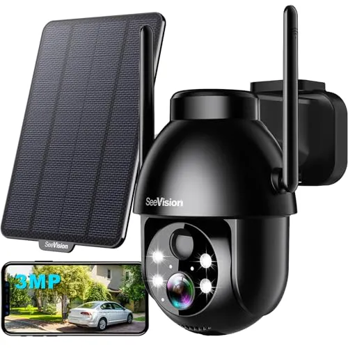 Solar Security Cameras Wireless Outdoor, 2K Battery Powered PTZ WiFi 3MP Indoor Security Camera for Home with Spotlight, PIR Motion Detection,Siren, Color Night Vision, 2-Way Talk, SD/Cloud Storage