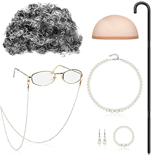 Gejoy Old Lady Costume Set Grandma Wig for Kids Women Old Lady Walking Cane Glasses Chain Cords Faux Pearl Bead Necklace (Gray Afro Wig)