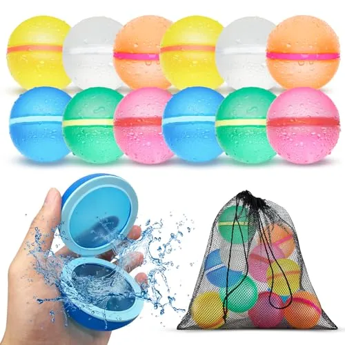 Reusable Water Balloons for Kids - 12pcs Magnetic Latex-Free Silicone Water Bomb with Mesh Bag, Summer Toys Swimming Pool Party Supplies Bath Toy Outdoor Idea Gift for Kids