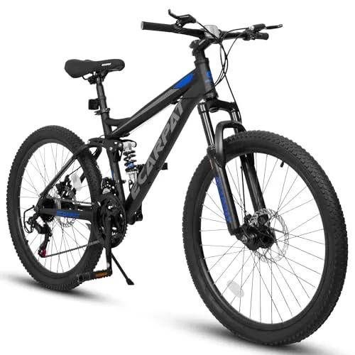 Ecarpat Full Dual Suspension 26 Inch Mountain Bike, 21-Speed Disc Brake, Front Fork Rear Shock Absorber Carbon Steel Frame Mountain Bike, Mens Womens Trail Commuter City Bicycles