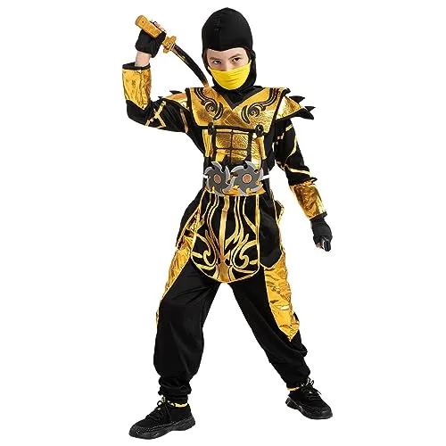 Spooktacular Creations Gold Ninja Costume for Boys, Child Golden Ninja costume Ninja Themed Parties, Halloween Costume Dress Up (Small (5-7yr))