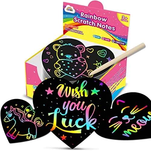 ZMLM Rainbow Scratch Art Party Favors - 160 Mini Heart Scratch Art Note Pads Craft Art Paper for Kids DIY Cards - Black Scratch Art Supplies Birthday Game Toys for Girls Boys Halloween Christmas
