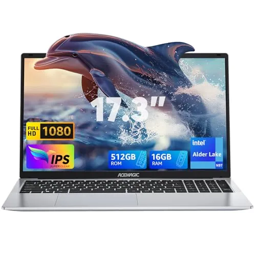 ACMAGIC 2024 Newest Laptop,17.3-Inch FHD Display Laptop with Intel Quad Core-12th Alder Lake N97(Up to 3.6GHz), 16GB RAM 512GB ROM Business Laptop Computer, 6000Mah Battery,Silver