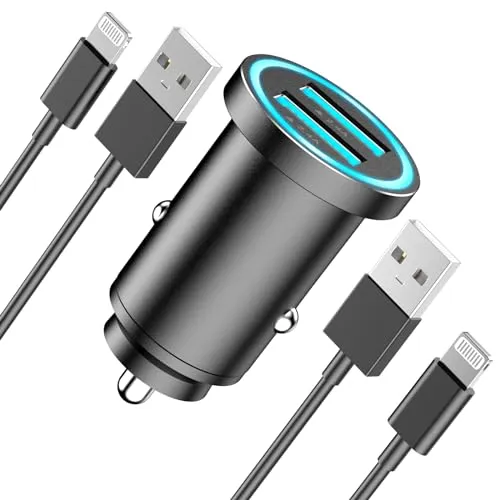 Car Charger iPhone [MFi Certified], Smallest 4.8A All Metal Dual Port USB Car Charger Fast Charge Adapter with 2 Pack Lightning Cable Quick Charging for iPhone 14 13 12 11 XS XR X 8 iPad AirPods